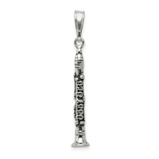 Sterling Silver 925 3-D Antiqued Finish Clarinet Charm Pendant 1.1 Inch