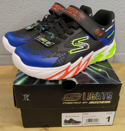 W26 Skechers Boys Size 1 Flex-Glow Bolt Light-Up Black/Blue Laced Sneaker