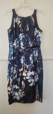 Tahari Dress Satin Sheath Sleeveless Floral Print Womans Size 8 Blue Pre-Owned