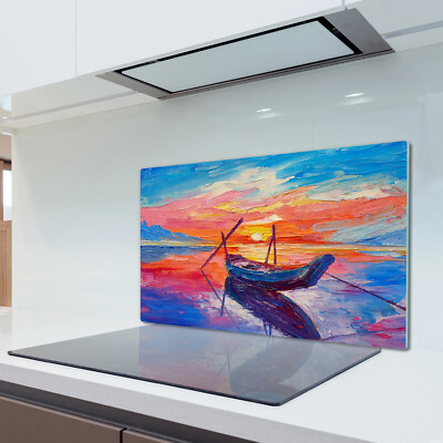 Planche à Découper En Verre Coloray 60x52 Cm - Peinture à L'huile Bateau Coucher De Soleil