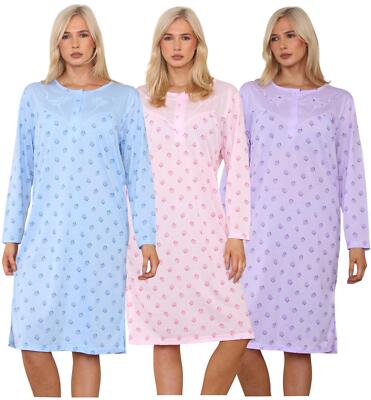 Damen Nachtwäsche Übergröße Knöpfe Blumenmuster Langarm Nachthemden M bis 6XL