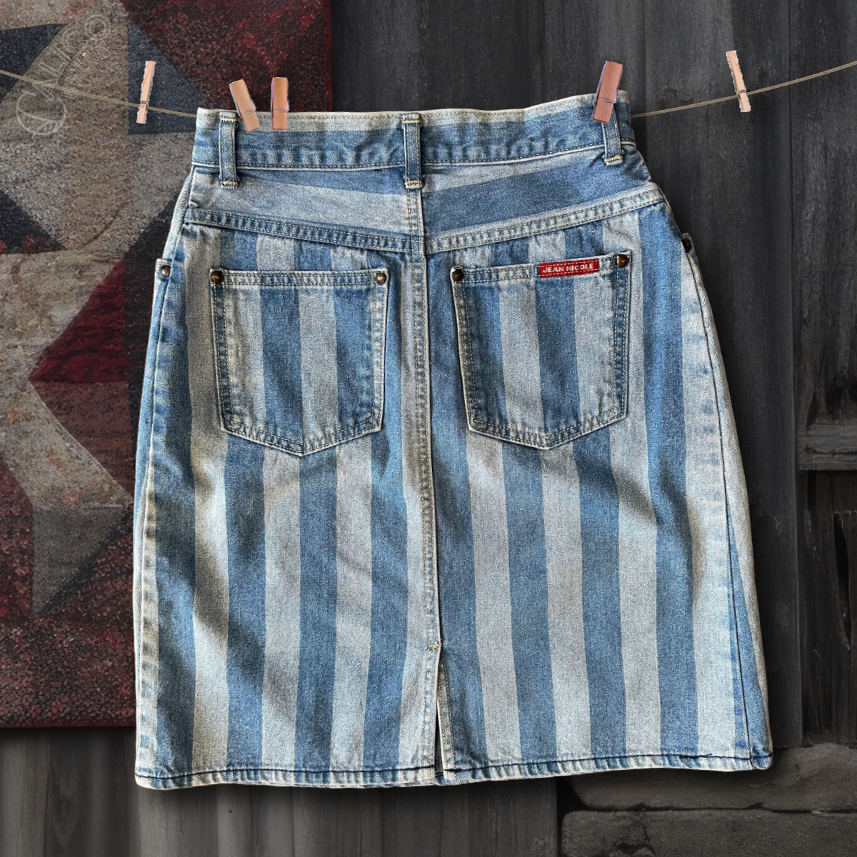 Vintage 80s Striped Denim Blue Jean High Rise Pencil Skirt Size XS 26 Japan