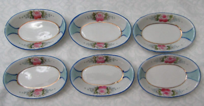 6ct SET OF VINTAGE PORCELAIN SALT CELLAR DISH TRAYS ROSE DESIGN MADE IN JAPAN P1