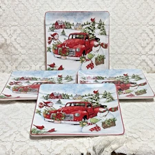 Certified International Dinner Plates 10 5/8" Red Truck Snowman EXC Set 4