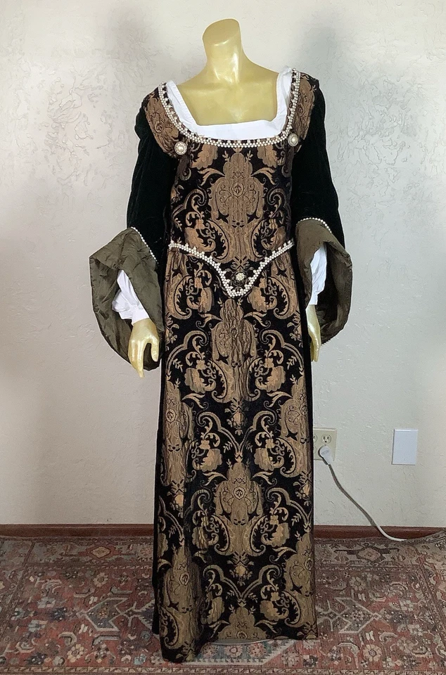 Conjunto Completo Perlas Brocado Dorado Terciopelo Negro Renacimiento Damas 3 Piezas - Grande Foto 4 de 4