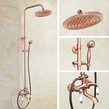 Antique Red Copper Bathroom Round Rainfall Shower Faucet Set Mixer Tap frg573