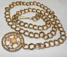 Vintage 70s Gold Tone Maltese Cross Belt Double Curb Link Chain Open Medallion
