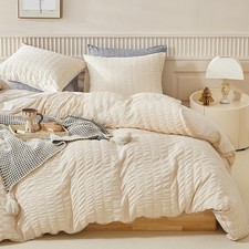 WARMDERN Duvet Cover Set Queen Size, 3pcs Washed Microfiber Beige Bedding Set...