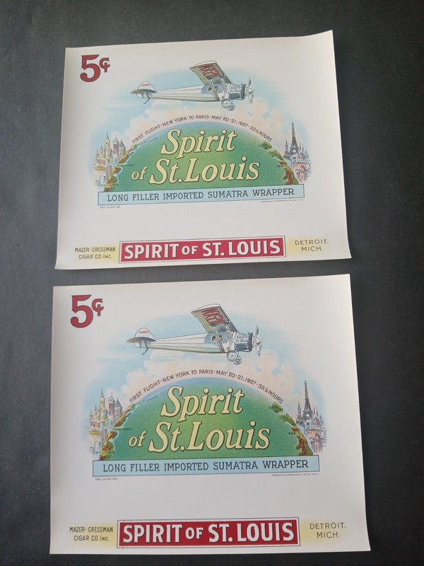 Vintage Pair (2) SPIRIT OF ST. LOUIS Charles Lindbergh Cigar Labels~Airplane