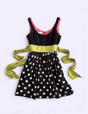 00s corey lynn calter anthropologie polka dot dress tie waist black pink lining