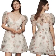 Farm Rio x Anthropologie Semi Sheer Puff Sleeve Heart Print Babydoll Dress Sm