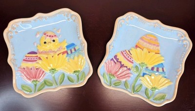 Set of 2 Easter Themed Trinket Dishes Flowers Easter Eggs & Baby Chick