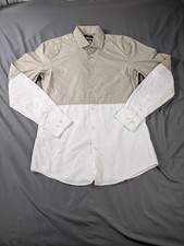 Hugo Boss Shirt Mens 15.5 Tan White Colorblock Slim Fit Long Sleeve Easy Iron