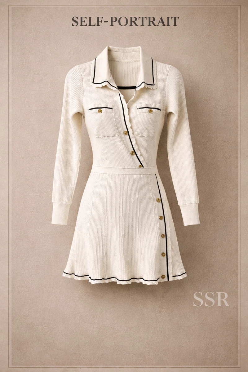 self-portrait contrast stitch ribbed knit dress Self Portrait Contrast Stitch Ribbed Knit Midi Dress in Ivory White, Women's Fashion, Dresses & Sets, Dresses on Carousell