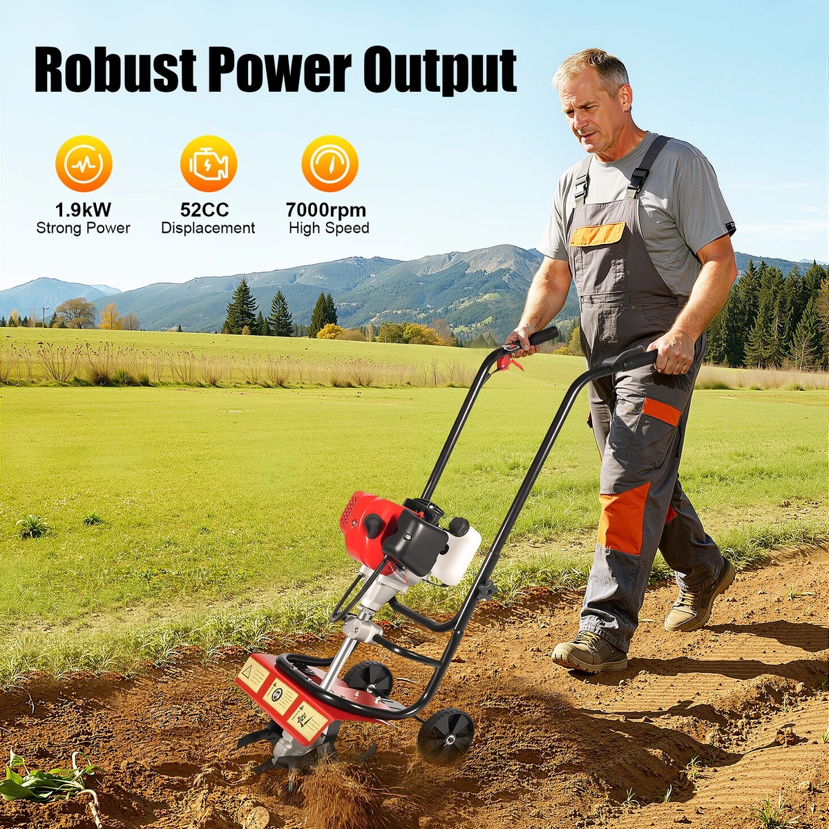 52cc 2-Stroke Gas Power Garden Farmyard Tiller Cultivator Tilling