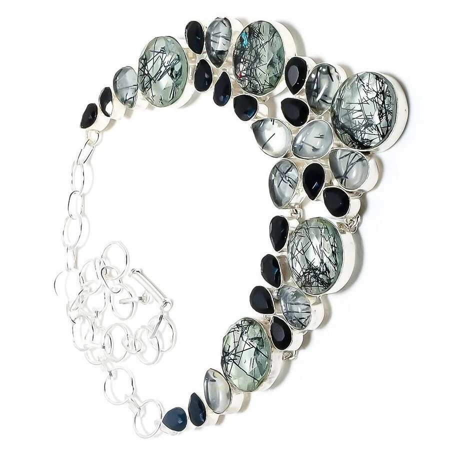 Collar de joyería hecho a mano de plata de ley 925 con piedras preciosas de cuarzo rutilado negro Foto 4 de 4