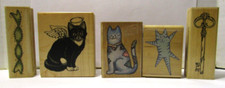Wood Mount Rubber Stamp Lot of 5 - Angel Cat, Key, Spider Cat, Ribbon, Patches