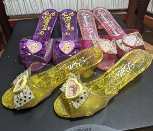 Disney Princess Dress Up Shoes LOT OF 3 Pairs Belle Rapunzel Aurora Glitter Heel - 第 1/4 張圖片