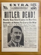 VINTAGE NEWSPAPER HEADLINE~WORLD WAR 2 GERMANY BERLIN HITLER DEAD WWII 1945