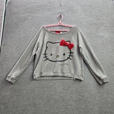 Hello Kitty Women Sweatshirt Medium Gray Crop Logo Graphic Bowtie Pullover READ