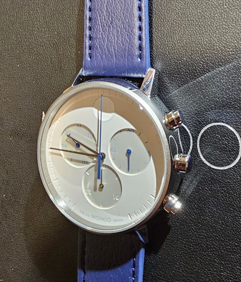 Movado FACE Watch With 43mm White Chronograph Face & Navy Blue Leather Band eBay