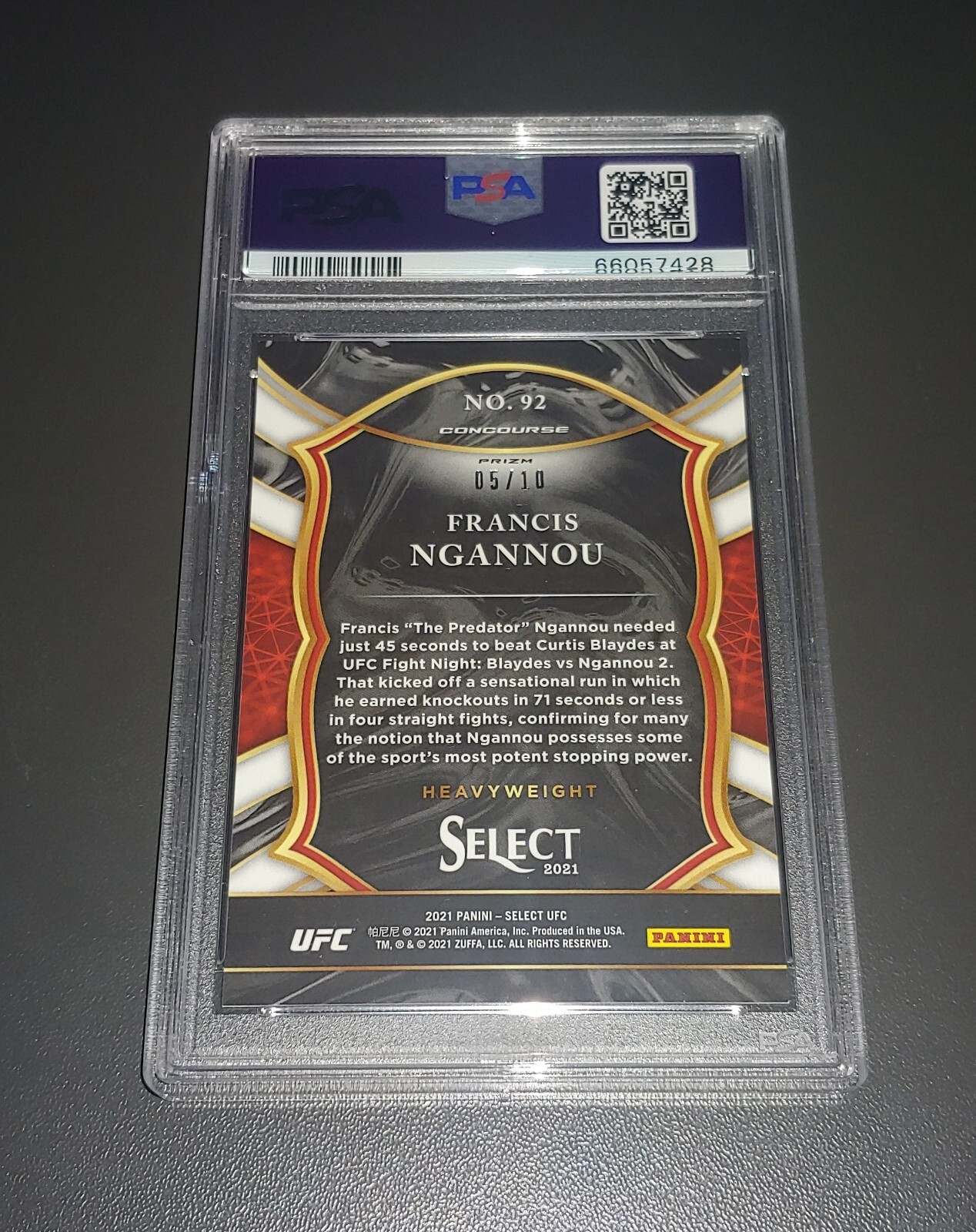 2021 Select UFC Francis Ngannou True Gold Prizm /10 #92 PSA 9 view 2