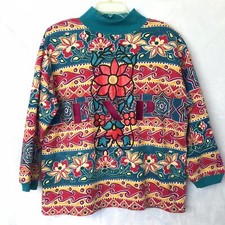Express Vintage Retro High Neck Embroidered Floral Sweatshirt 3/4 Sleeves Sz L
