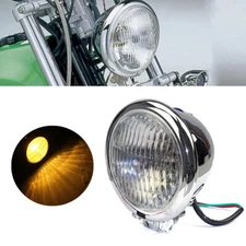 Chrome Bates Style 4.5" H4 Headlight Headlamp For Harley Chopper Bobber Cruiser