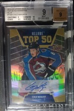 2019-20 UD Allure Cale Makar Top 50 Rookie Auto Blue T50-9 Beckett Graded 9