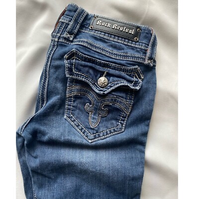 Rock Revival Debbie Jeans Low Rise Boot Cut Y2K Blue Denim Embroidered Pocket 28