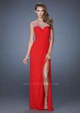 GORGEOUS NWOT La Femme Crystal Embellished One Shoulder Jersey Gown Red Size 00