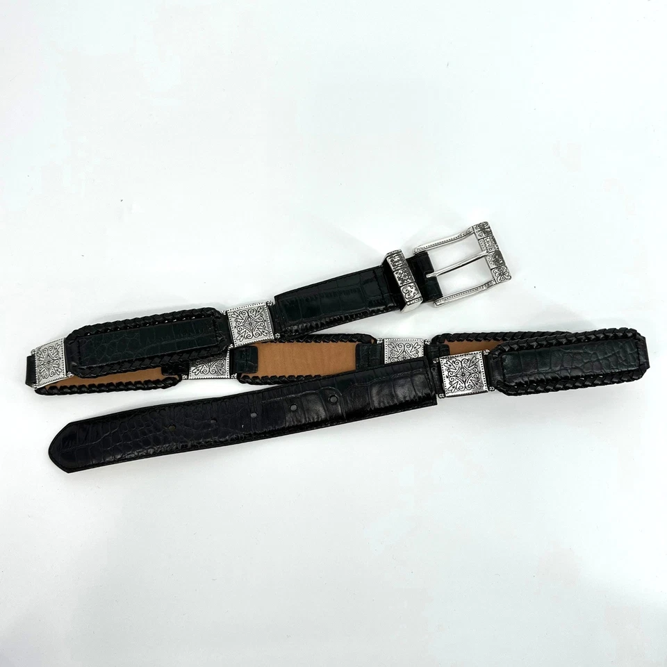Vtg Brighton Black Leather Croc Embossed Braided Western Belt Heart Buckle XL 36 - Image 2 of 4