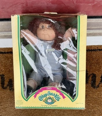 Vintage 1985 COLECO Cabbage Patch Kids Girl Doll Brown Hair Eyes Bib Mervyns 
