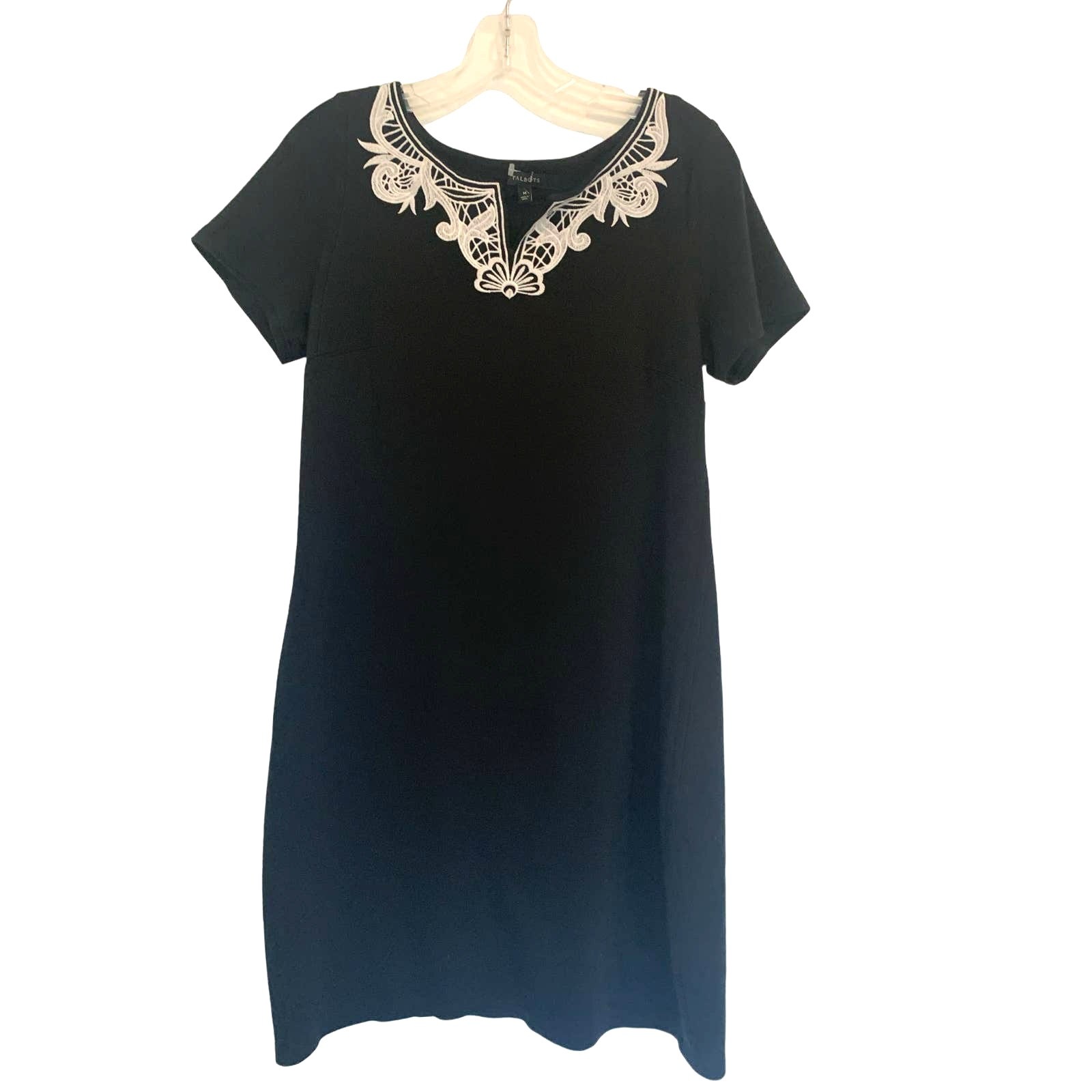 Talbots Black Shift Dress Medium Womens Embroidered Neck Party Preppy Minimalist