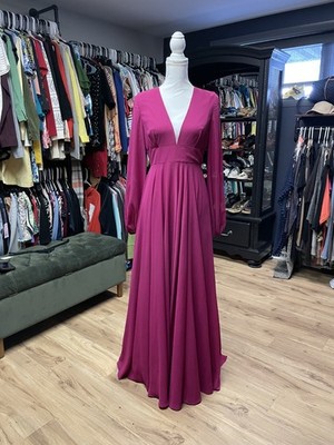 NWT Ieena By Mac Duggal Bright Pink VNeck Illusion Long Sleeve Chiffon Gown Size