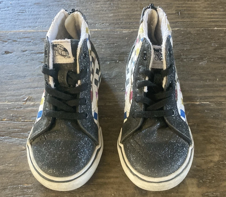Zapatos Vans de caña alta para niños pequeños talla 7,5 negros con tablero de cuadros arco iris y cremallera trasera Foto 2 de 4
