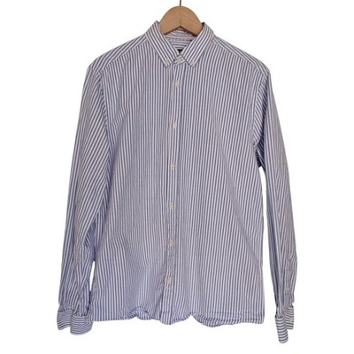 H&M Button Down Shirt Blue White Striped Poplin Oxford Cotton Long Sleeve Prep L