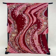 Japanese Kimono Furisode red floral Free shipping Vintage 5073