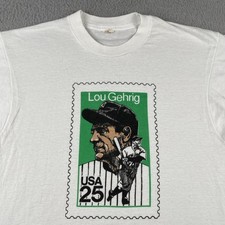 Vtg Screen Stars L White SS Shirt Lou Gehrig Baseball Player Stamp #25 USA Made
