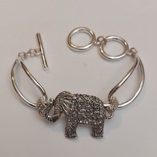 Rhinestone Embellished Elephant Charm Centerpiece Silver Tone Toggle Bracelet