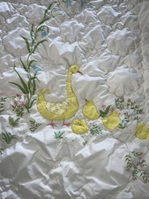 Vtg Baby Blanket Quilt Crib Comforter Textured Ducks Swan Babies, Yellow Backing