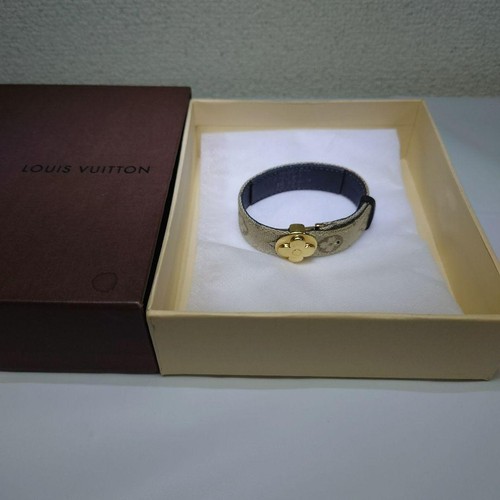 Louis Vuitton Good Luck Bracelet Beige Canvas Gold Flower Motif Bangle YK135