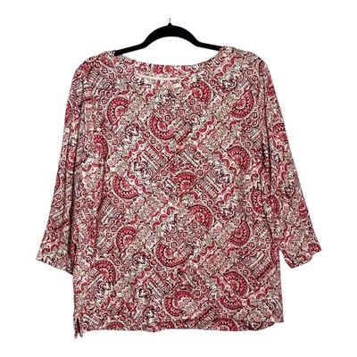 Kim Rogers Womens XL Red Geometric Medallion 3/4 Sleeve 100% Cotton Top