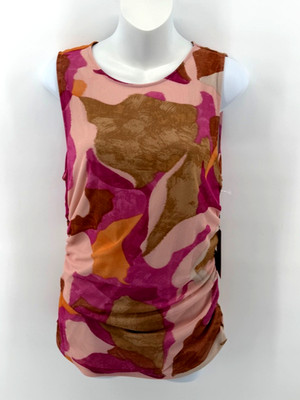 Halogen Womens Ruched Sleeveless Blouse Pink Abstract Stretch Top Large NWT