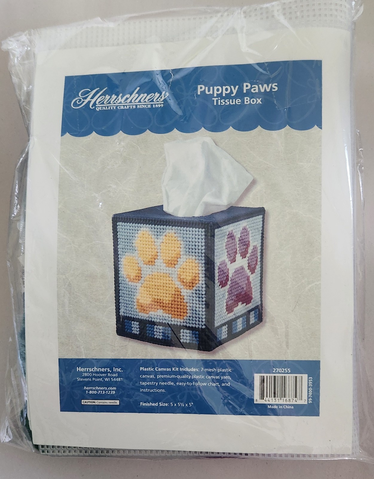 Herrschners Plastic Canvas Tissue Box Cover Kit Puppy Paws New Sealed #270255