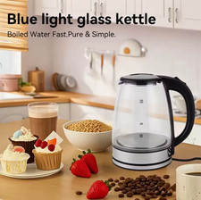 2L Blue Light Glass Corded Electric Kettle 360° Base Auto Shut-Off Steel
