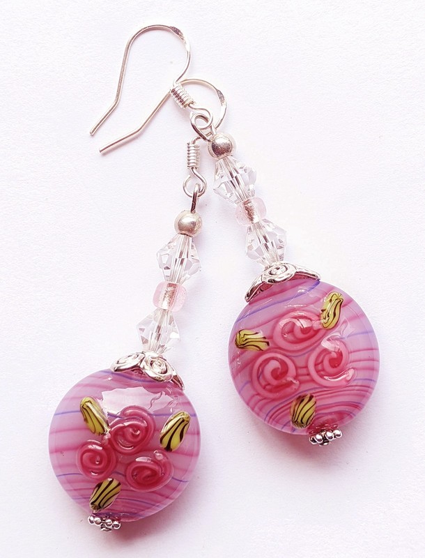 .925 Sterling Silver Hook Lampwork Glass Beads Pink - Dangle Earrings (#E62)