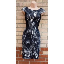 Lipsy black white printed faux leather trim panelled work party dress 6 8 XS S