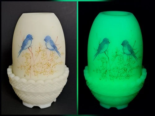 Vintage Fenton Custard Glass Fairy Lamp Light Blue Birds Hand Painted J Andrick