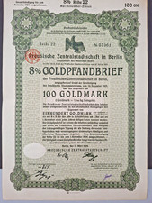 Preu&szlig;ische Zentralstadtschaft 8% Goldpfandbrief 1929, Reihe 22, ungelocht,